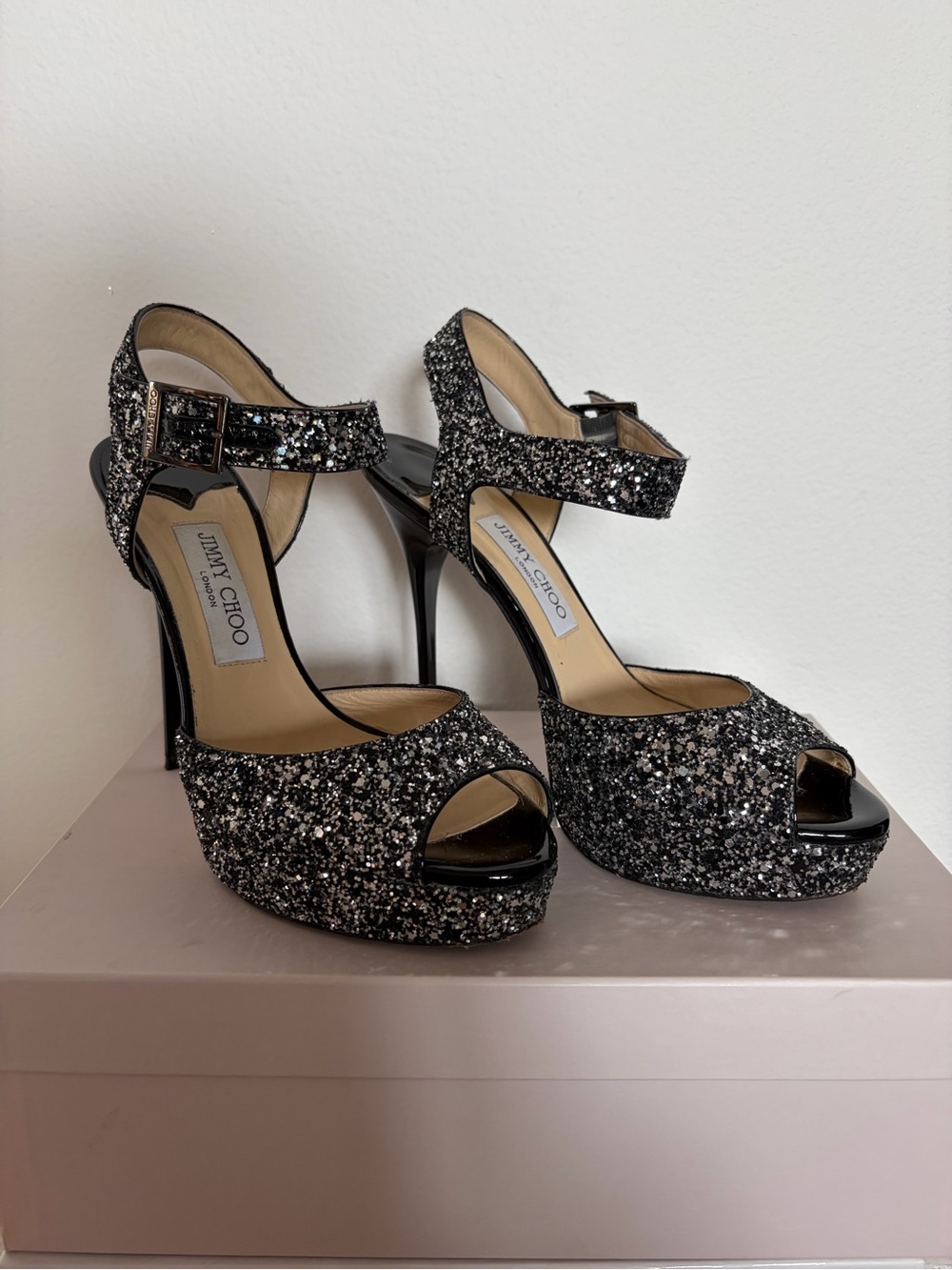 Jimmy Choo Black Glitter Peep-Toe Ankle Strap Platforms